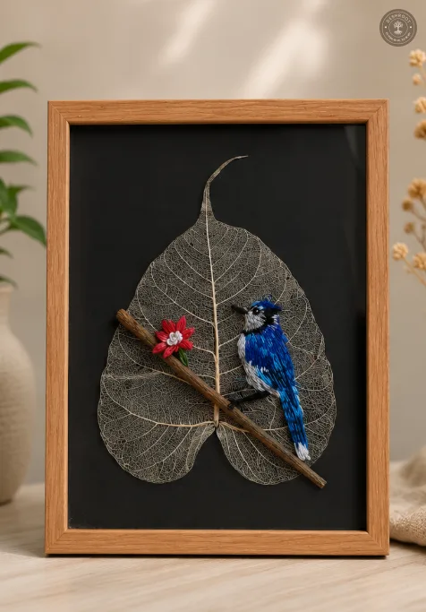 Handcrafted Embroidered Blue Songbird Leaf Art in Wooden Frame