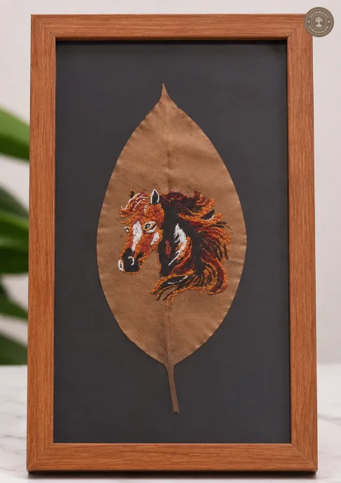 Handcrafted Embroidered Horse Leaf Art Frame