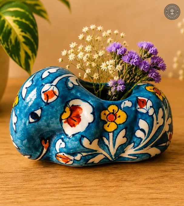 Handcrafted Blue Pottery Elephant Planter