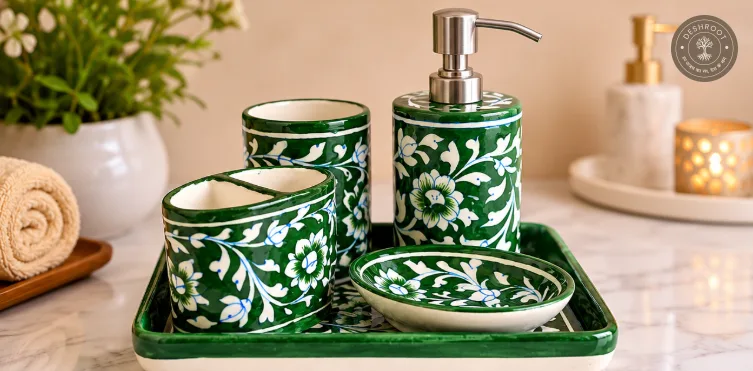 Handcrafted Jaipur Blue Pottery Bathroom Accessories Set