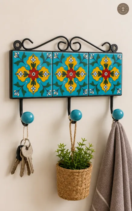 Handcrafted Jaipur Blue Pottery Triple Wall Hook