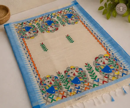 Hand-Painted Madhubani Bird Motif Khadi Cotton Dupatta