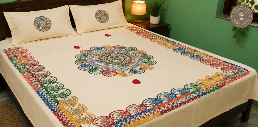 Hand-Painted Madhubani Cotton Bedsheet with Pillow Covers