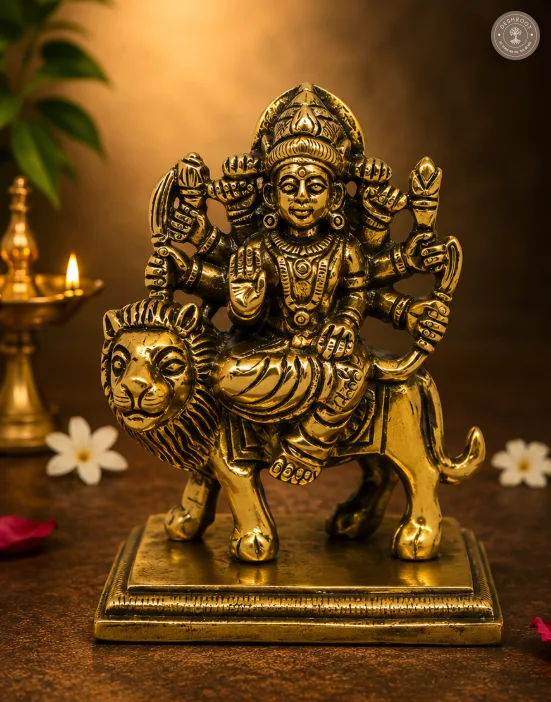 Handcrafted Brass Goddess Durga on Lion Idol