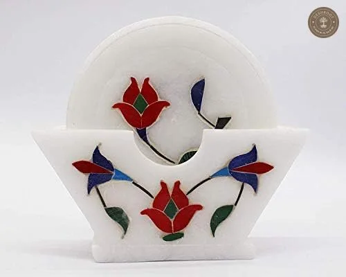 Handcrafted White Marble Floral Inlay Coaster Set with Holder