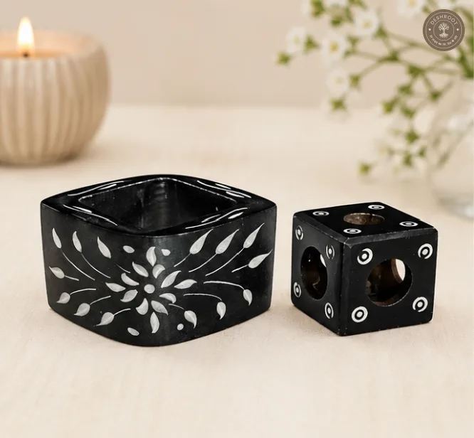 Agra Marble Inlay Black Marble Agarbatti & Tealight Holder