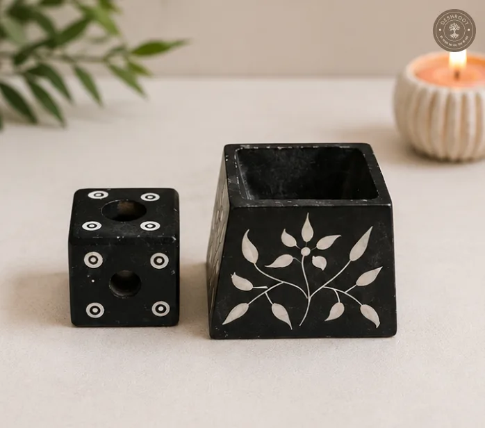SacredStone Black Marble Incense & Tealight Stand
