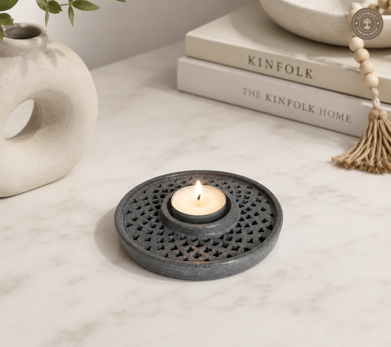 Handmade Marble Soapstone Tealight Candle Holder | Round Lattice Carved Decorative Diya for Home & Festive Décor