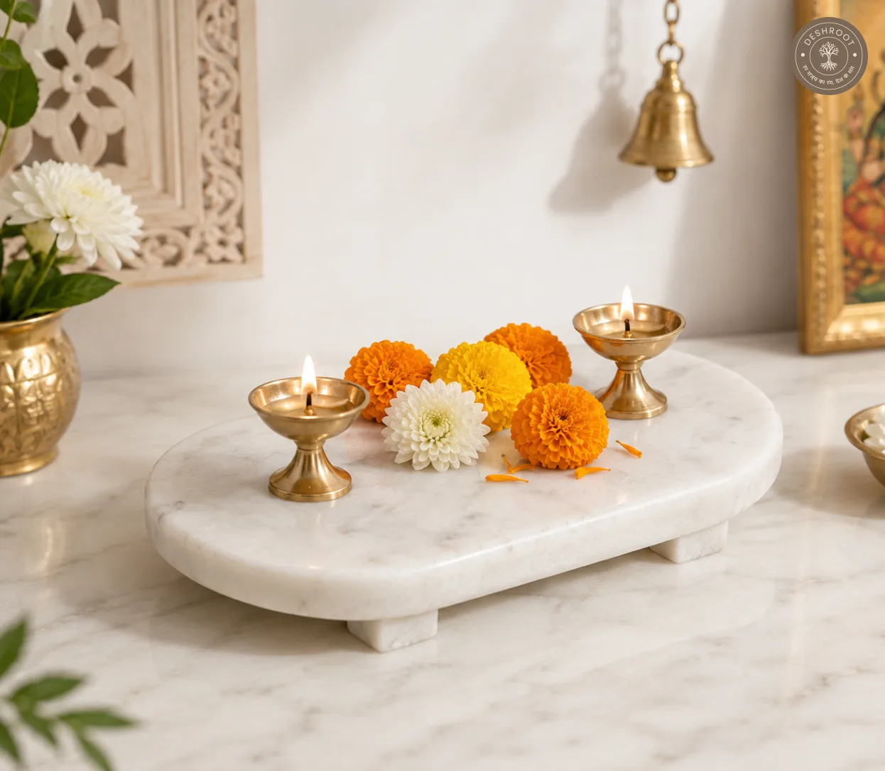 Handcrafted White Marble Pooja Chowki for Home Temple