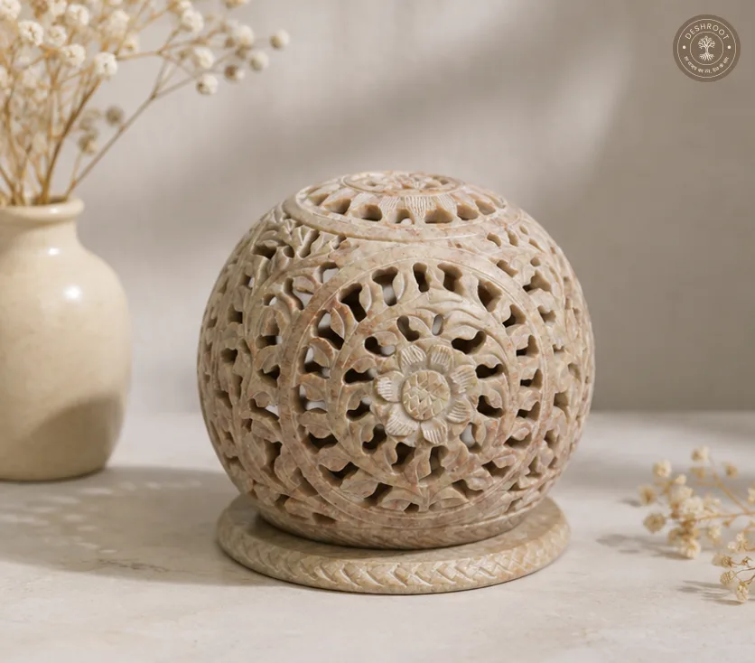 Unique Sphere Hand-Carved Agra Soapstone Tealight Holder