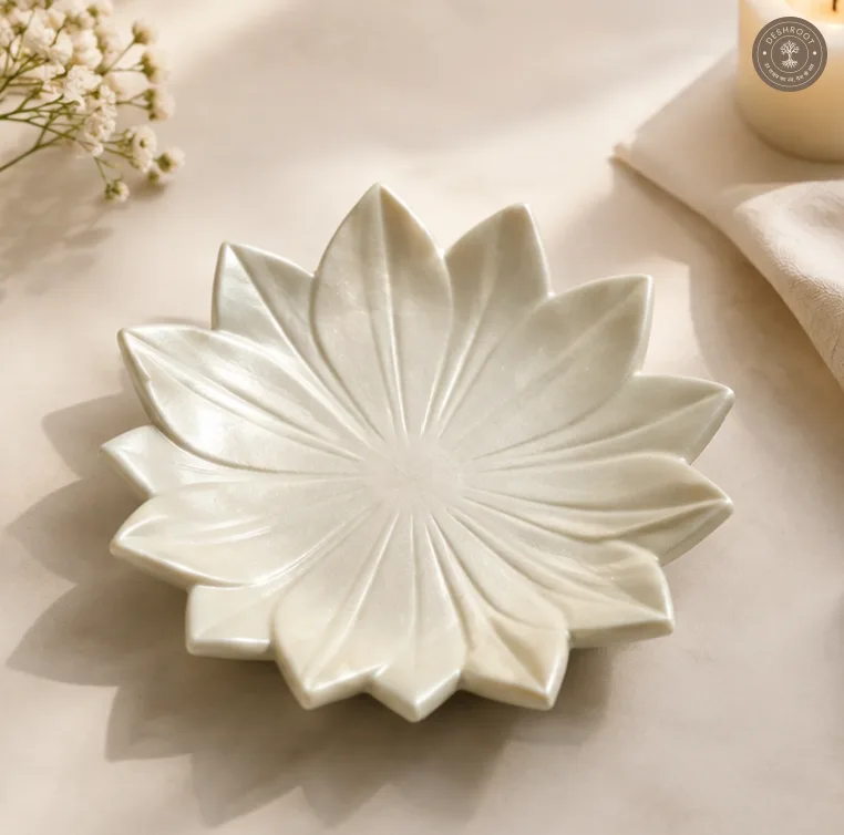 Marble Inlay Agra White Marble Lotus Plate
