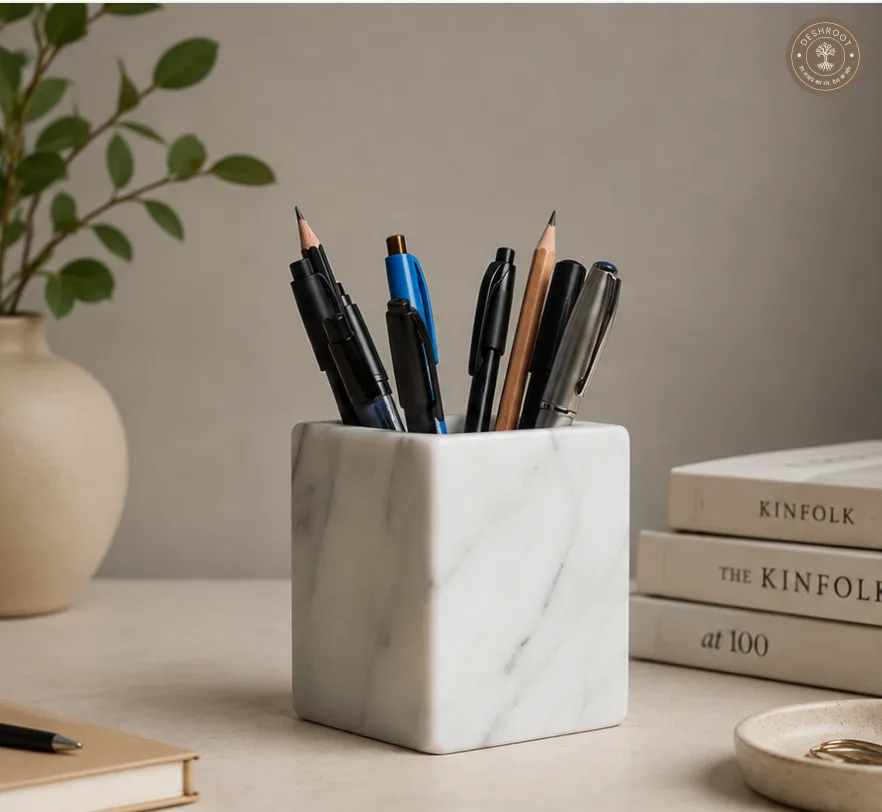 Marble Inlay Agra White Marble Pen & Pencil Holder & Stationery Organizer Holder