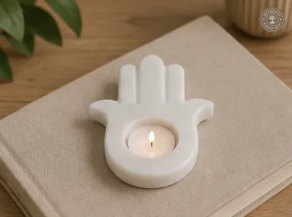 Handcrafted Agra White Marble Hamsa Hand Tea Light Holder