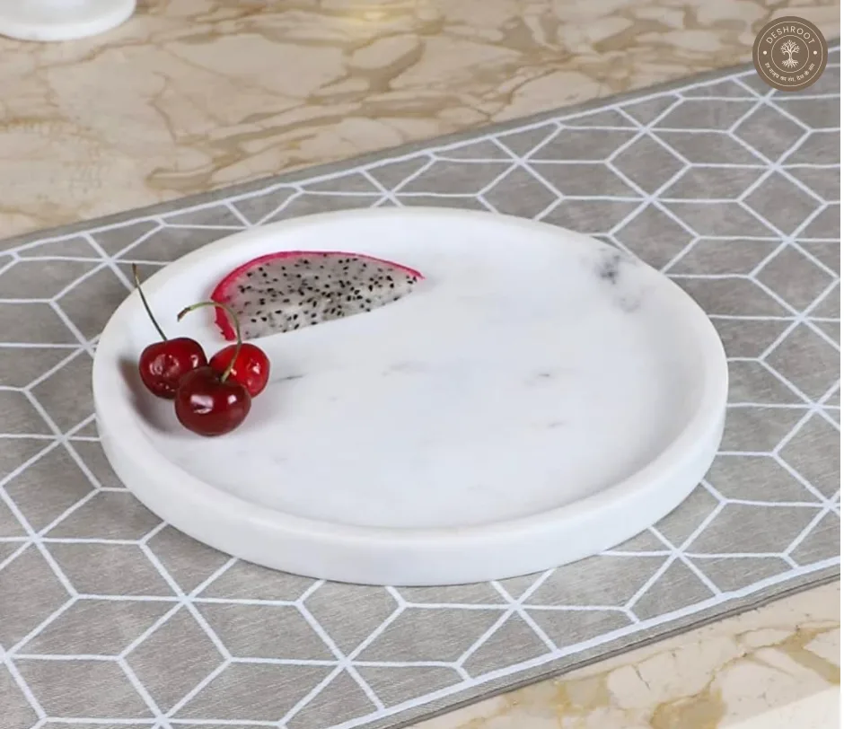 Handcrafted Agra Marble Inlay Saar Marka Marble Round Tray