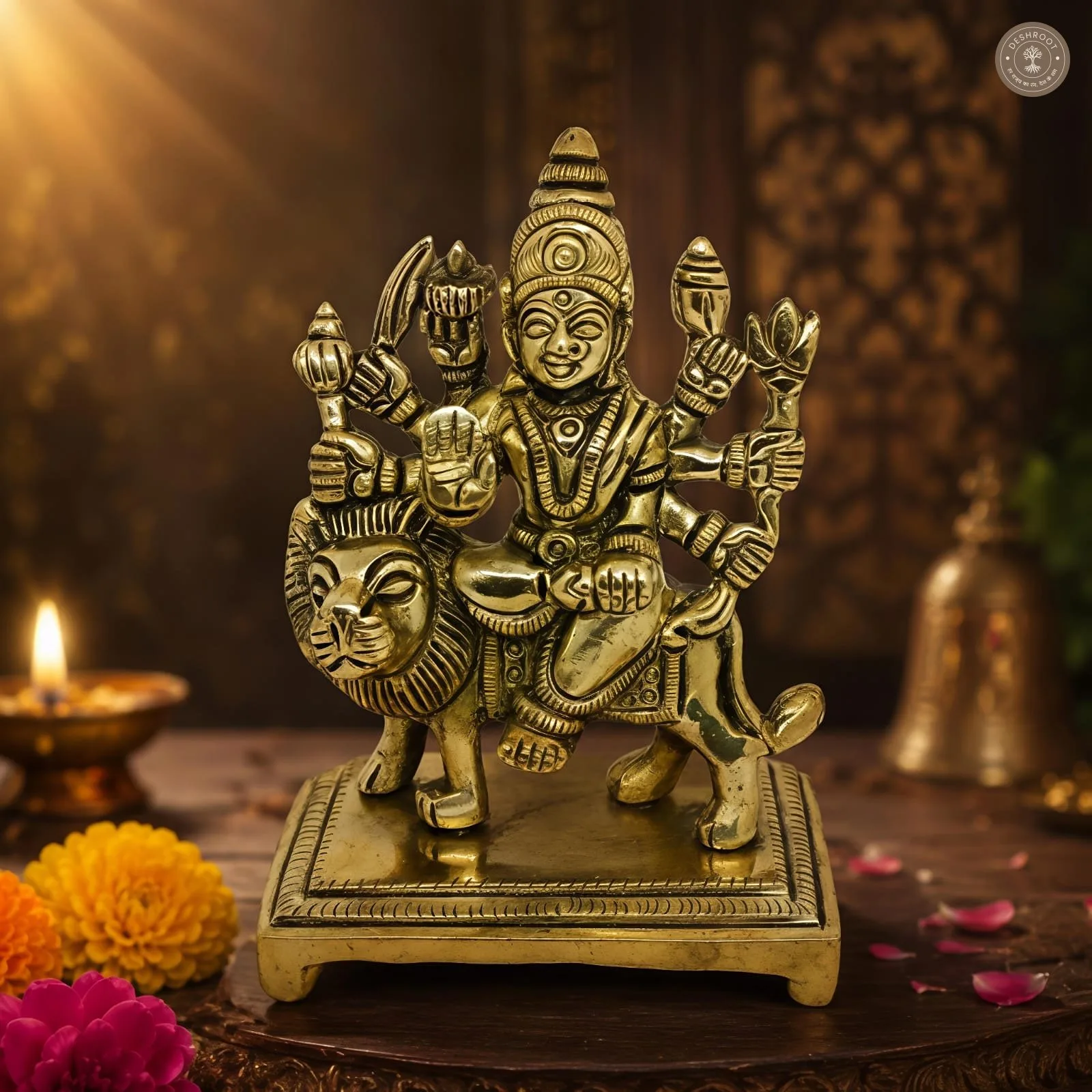 Handcrafted Brass Goddess Durga on Lion Idol (2)