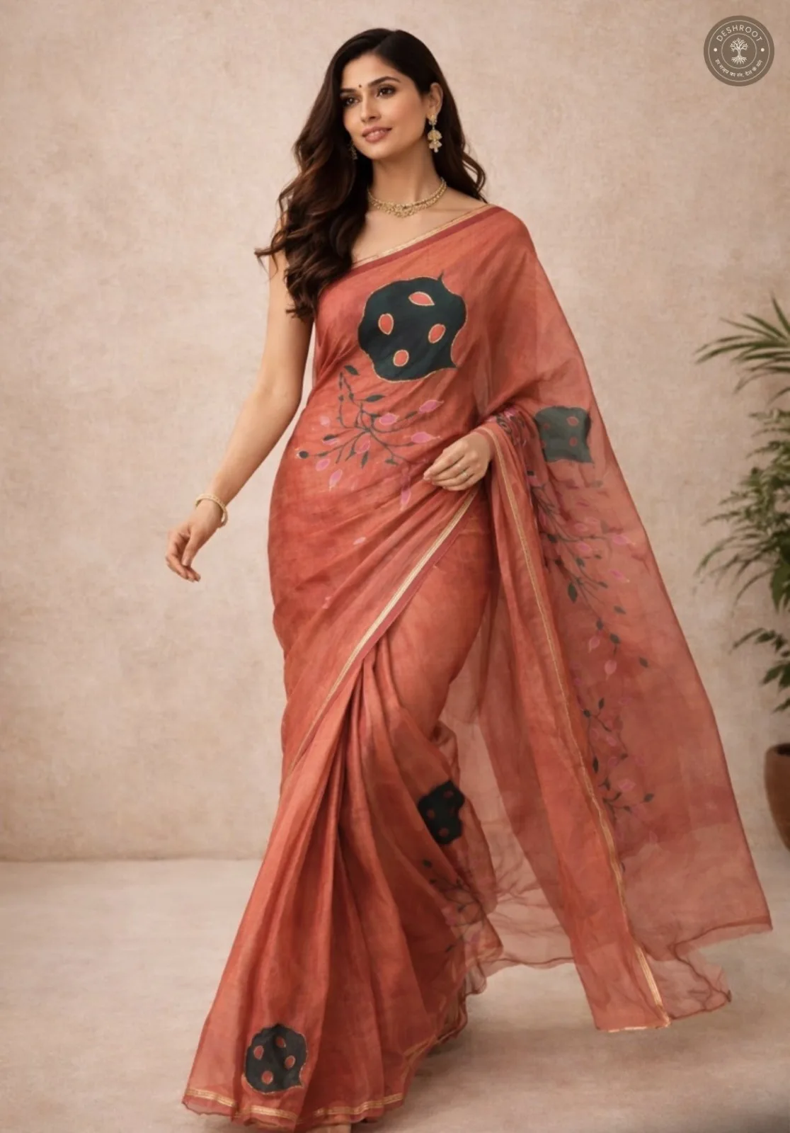 Handcrafted Rose Pink Floral Print Saree with Contemporary Folk Motifs