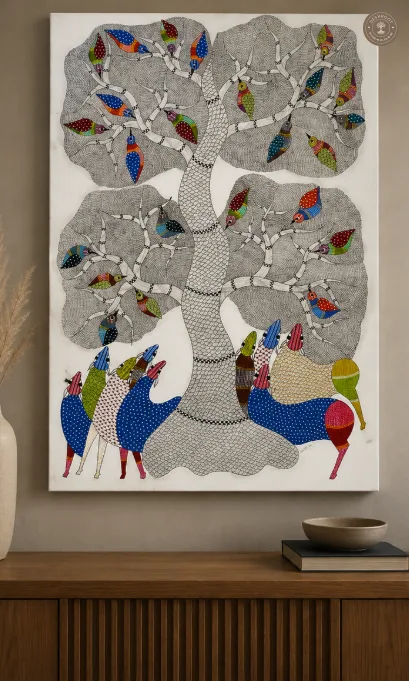 Gond Painting – Tree of Life with Birds & Peacocks