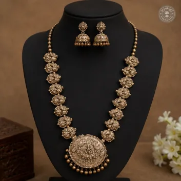 Antique Bronze Terracotta Long Haaram with Matching Jhumkas