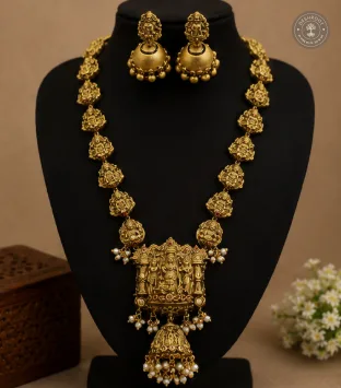 Antique Gold Terracotta Haaram Set with Kundan Stones and Matching Earrings