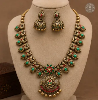 Peacock Theme Beautiful Terracotta Necklace Set with Matching Jhumkas