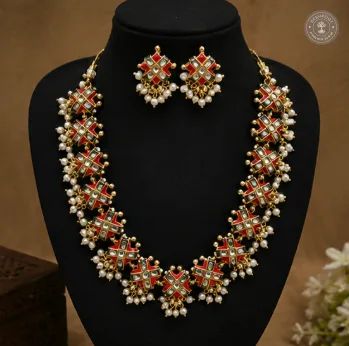 Beautiful Terracotta Necklace Set with Kundan Stones and Hanging Pearls