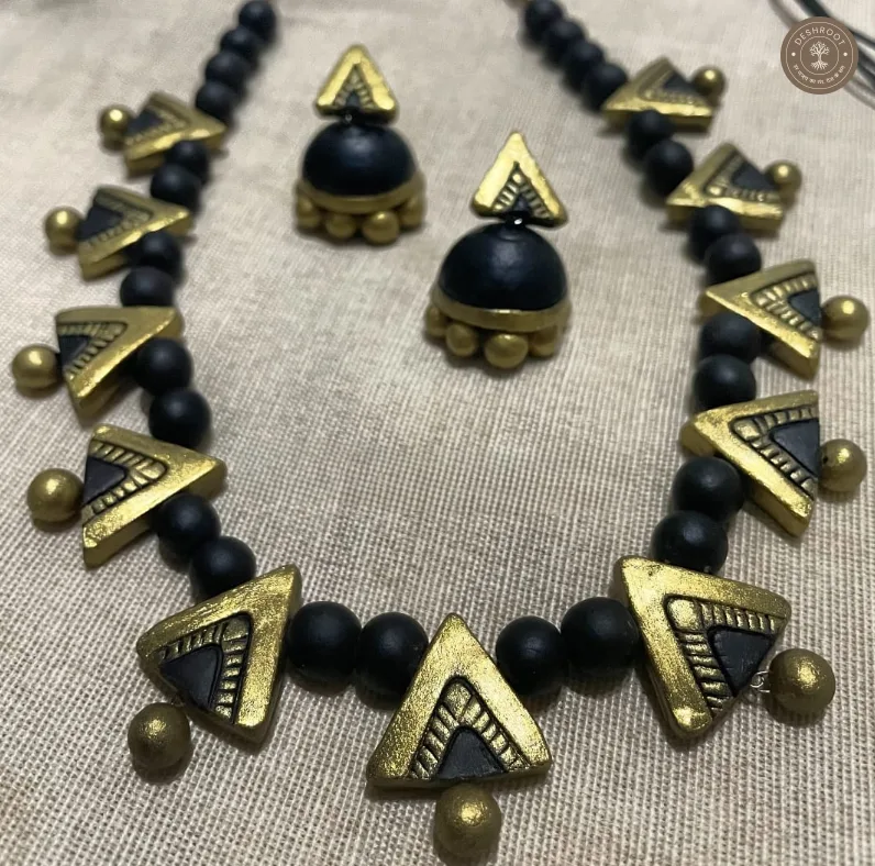Antique Gold-Black Terracotta Necklace with Matching Jhumkas