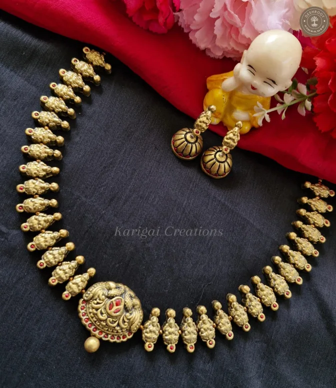Beautiful Goddess Lakshmi Theme Terracotta Necklace with Matching Jhumkas