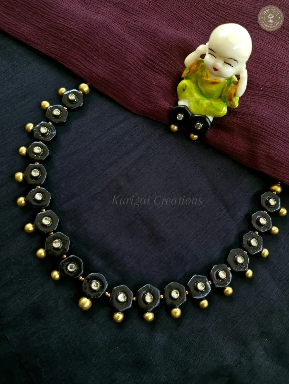 Black Terracotta Necklace with Matching Stud Earrings