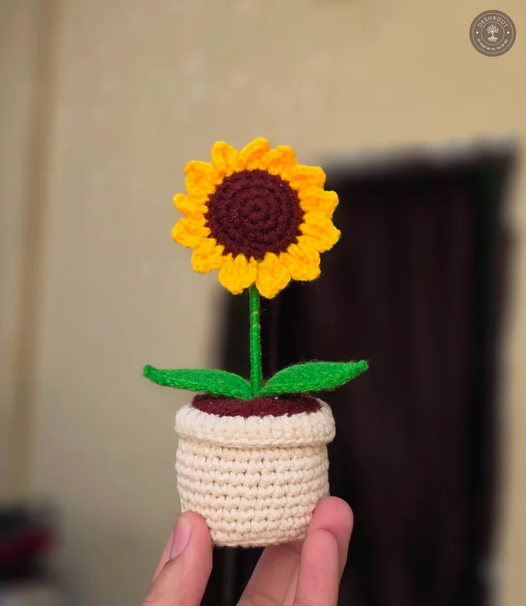 Handcrafted Crochet Sunflower Mini Pot – Single Flower