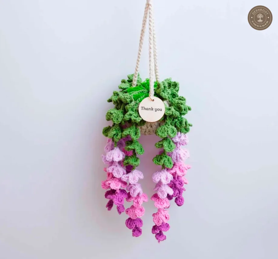 Handcrafted Crochet Hanging Flower Basket with Pink and Purple Cascading Blooms