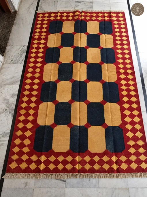 Maroon & Navy Checkerboard Geometric Handwoven Durrie
