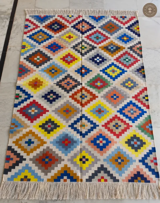 Ivory Multicolour Diamond Motif Handwoven Durrie