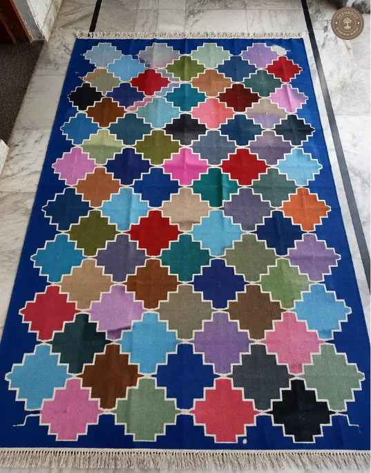 Blue Multicolour Lattice Geometric Handwoven Durrie