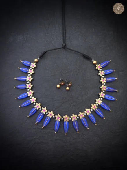 Royal Blue Choker Terracotta Necklace Set with Gold Floral & Pearl Accents