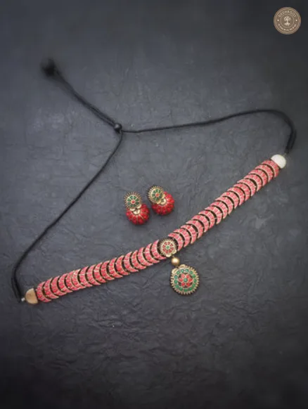 Scarlet Crescent Handcrafted Terracotta Choker Set | Handcrafted Tamil Nadu Terracotta Jewellery
