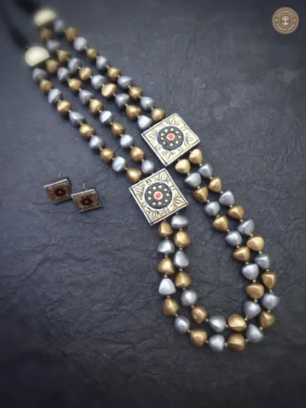 Silver & Gold Harmony Terracotta Necklace Set | Handcrafted Tamil Nadu Terracotta Jewellery