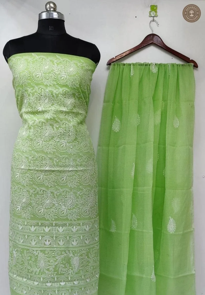 Kota Doria All-Over Chikankari Embroidered Dress Material