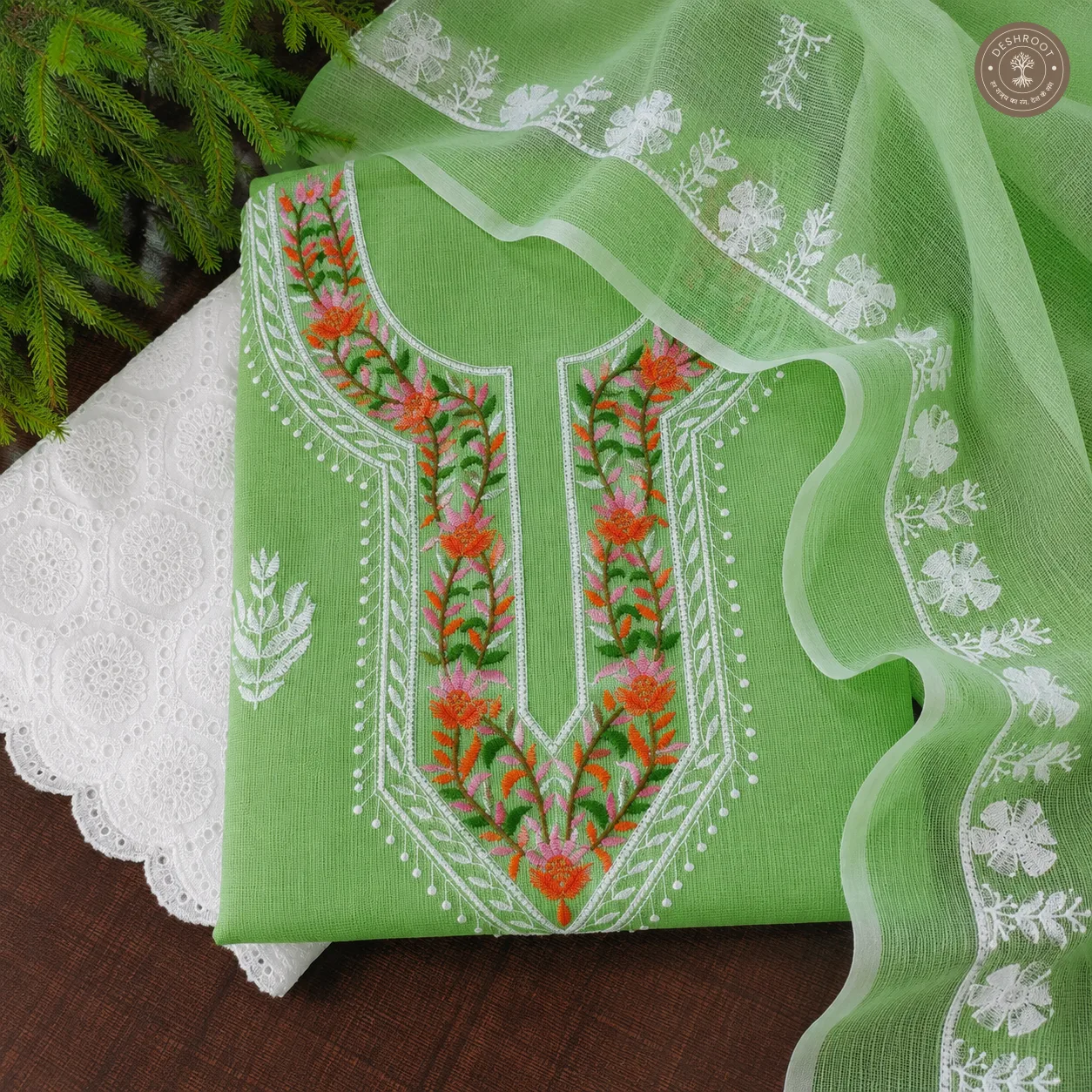 Kota Heritage Floral Embroidered Dress Material with Kota Doria Dupatta