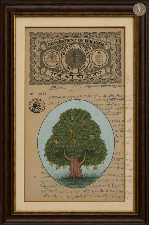 Mango Tree on Vintage Bikaner Revenue Stamp – Original Miniature Painting