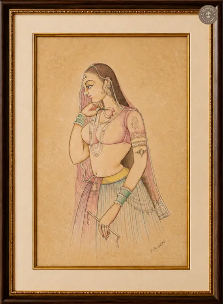 Melody of Grace – Lady with Flute | Original Bikaner Miniature Painting