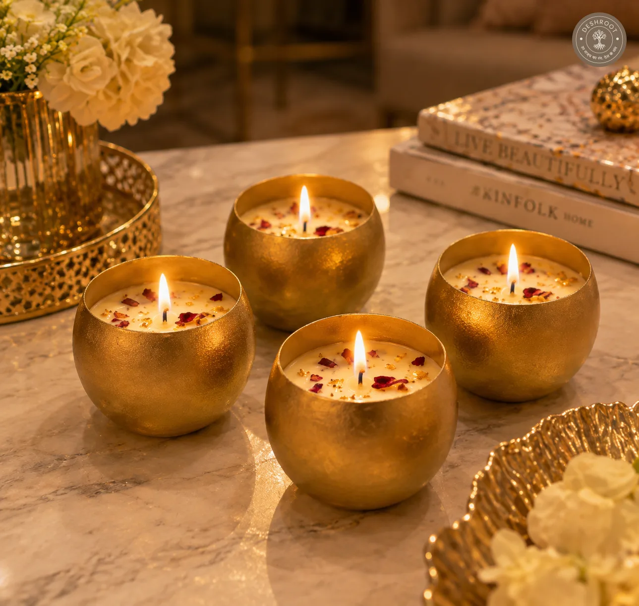 Luxury Gold Peony Scented Candle Gift Set (Pack of 2 or 4) – 6 cm Mini