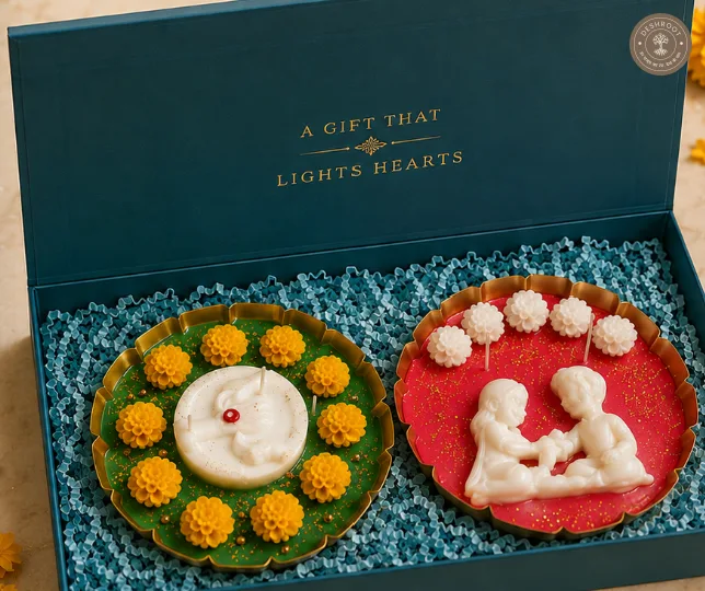 Festive Decorative Candle Gift Set of 2 - Ganpati & Brother-Sister Theme Premium Candles in Gift Box