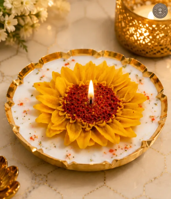 Sunflower Urli Candle – Decorative Floral Soy Wax Candle in Gold Metal Urli