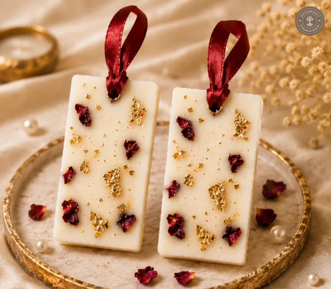 Handmade Scented Wax Tablets with Gold Leaf & Dried Rose Petals – Hanging Wardrobe Freshener