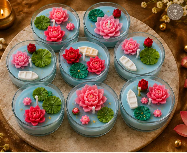 Jumbo Lotus Pond Tealight Candles Set of 8 – Decorative Floating Lotus Flower Wax Candles in Glass Cup