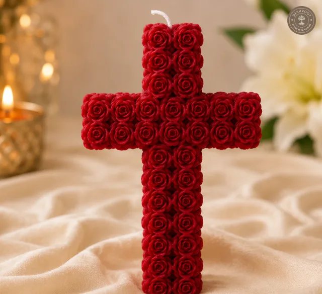 Rose Cross Candle – Handmade Floral Cross Decorative Candle for Home Décor, Prayer Room & Gifting