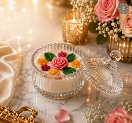 Handcrafted Floral Candle Jar with Crystal Glass Lid