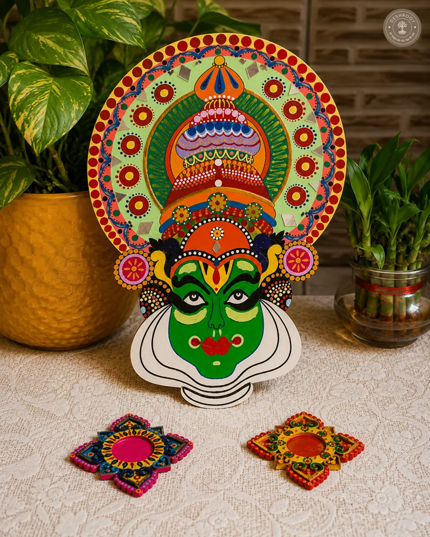 Kathakali Face Wall Hanging+2 free tealight candle holders