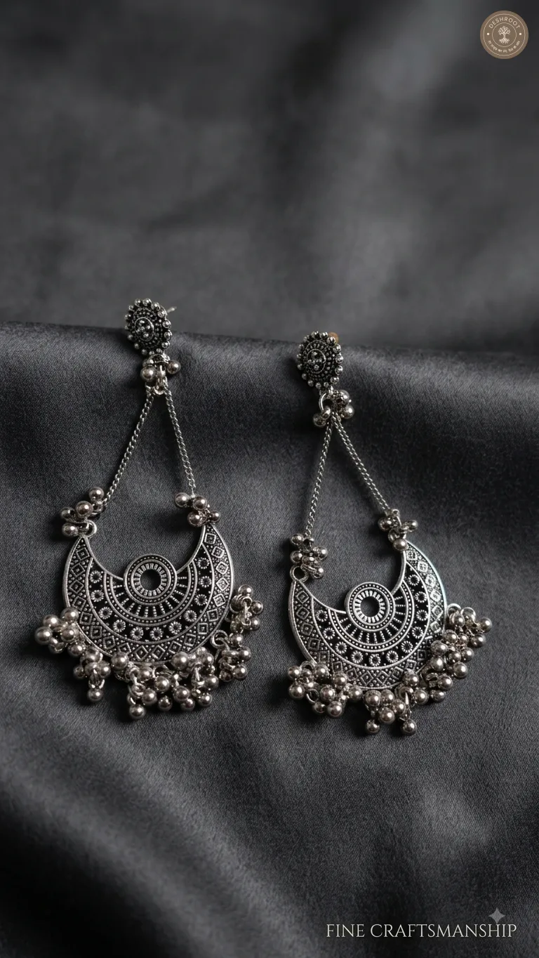 Silver oxidised Long chandbali earrings