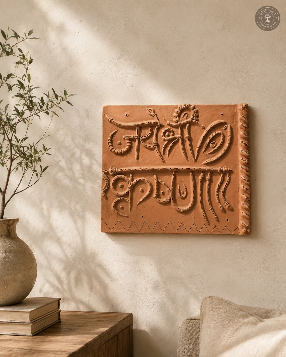 Handcrafted Terracotta Om & Spiritual Mantra Wall Plaque – Rajasthani Clay Art